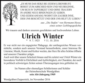 Traueranzeige von Ulrich Winter  von Magdeburger Volksstimme