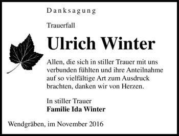 Traueranzeige von Ulrich Winter  von Magdeburger Volksstimme