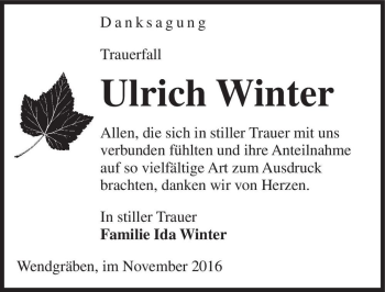 Traueranzeige von Ulrich Winter  von Magdeburger Volksstimme