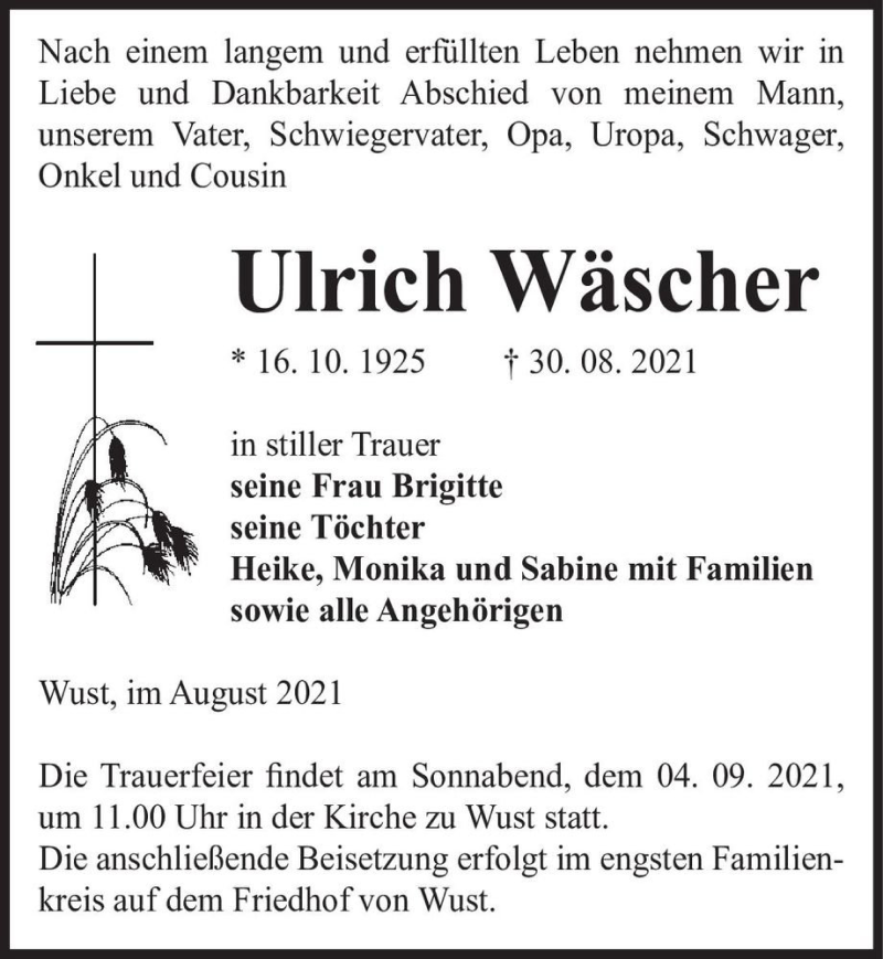  Traueranzeige für Ulrich Wäscher  vom 02.09.2021 aus Magdeburger Volksstimme