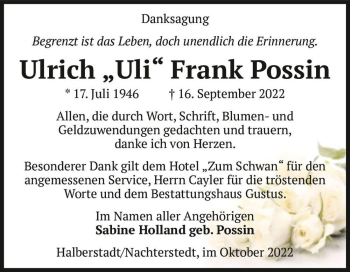 Traueranzeige von Ulrich “Uli“ Frank Possin  von Magdeburger Volksstimme