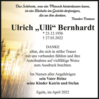Traueranzeige von Ulrich „Ulli“ Bernhardt  von Magdeburger Volksstimme