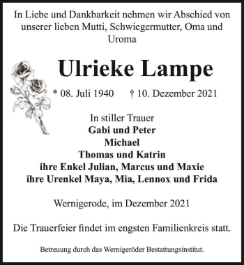 Traueranzeige von Ulrieke Lampe  von Magdeburger Volksstimme