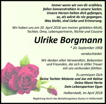 Traueranzeige von Ulrike Borgmann  von Magdeburger Volksstimme