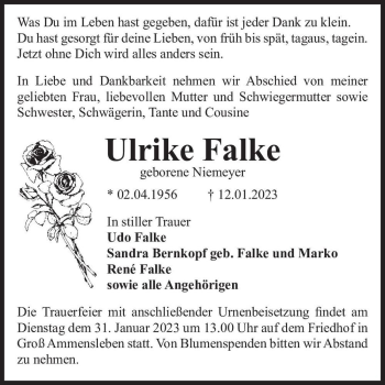 Traueranzeige von Ulrike Falke (geb. Niemeyer)  von Magdeburger Volksstimme