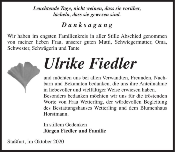 Traueranzeige von Ulrike Fiedler  von Magdeburger Volksstimme