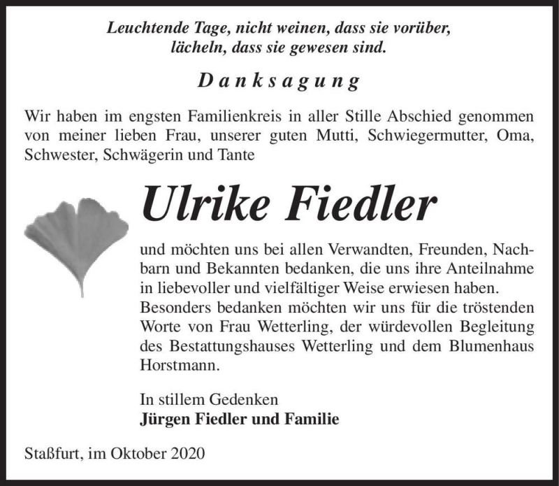  Traueranzeige für Ulrike Fiedler  vom 10.10.2020 aus Magdeburger Volksstimme
