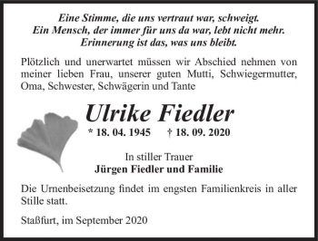 Traueranzeige von Ulrike Fiedler  von Magdeburger Volksstimme