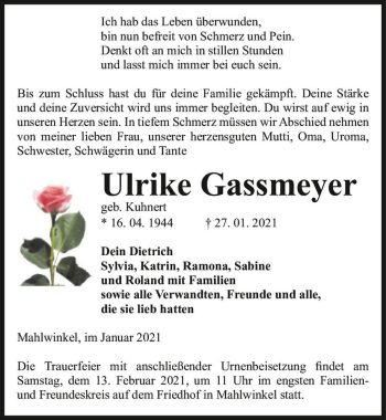 Traueranzeige von Ulrike Gassmeyer (geb. Kuhnert)  von Magdeburger Volksstimme