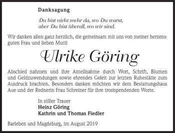 Traueranzeige von Ulrike Göring  von Magdeburger Volksstimme