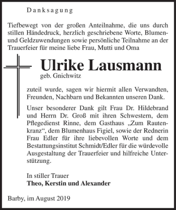 Traueranzeige von Ulrike Lausmann (geb. Gnichwitz)  von Magdeburger Volksstimme