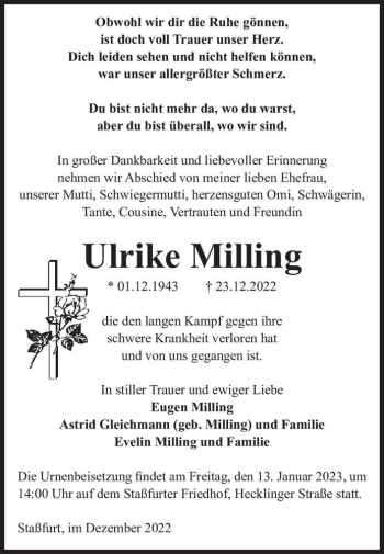 Traueranzeige von Ulrike Milling  von Magdeburger Volksstimme