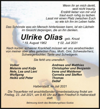 Traueranzeige von Ulrike Olias (geb. Knust)  von Magdeburger Volksstimme