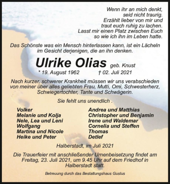 Traueranzeige von Ulrike Olias (geb. Knust)  von Magdeburger Volksstimme