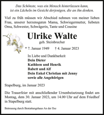 Traueranzeige von Ulrike Walte (geb. Steinbrecher)  von Magdeburger Volksstimme