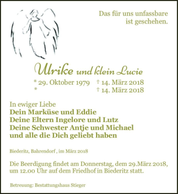 Traueranzeige von Ulrike und klein Lucie  von Magdeburger Volksstimme