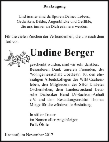 Traueranzeige von Undine Berger  von Magdeburger Volksstimme