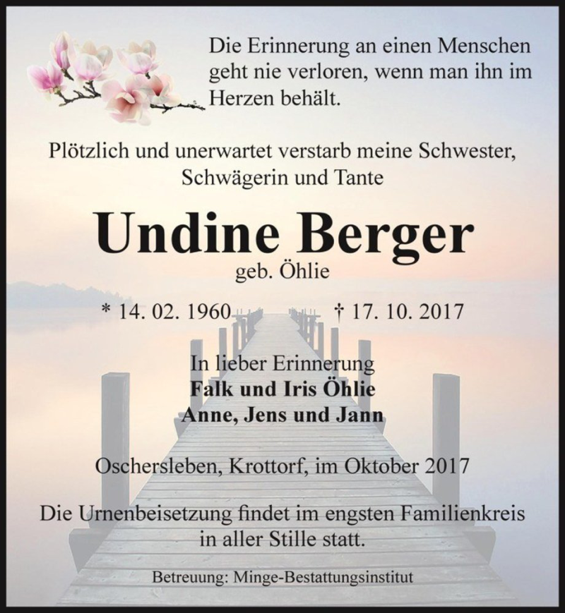  Traueranzeige für Undine Berger (geb. Öhlie)  vom 20.10.2017 aus Magdeburger Volksstimme