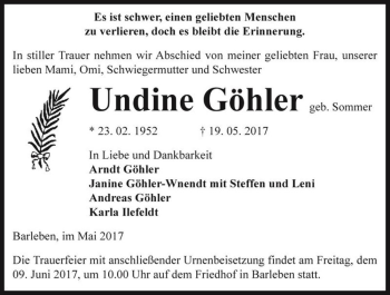Traueranzeige von Undine Göhler (geb. Sommer)  von Magdeburger Volksstimme