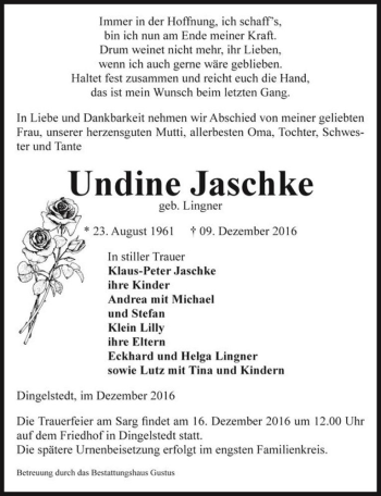 Traueranzeige von Undine Jaschke (geb. Lingner)  von Magdeburger Volksstimme