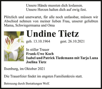 Traueranzeige von Undine Tietz  von Magdeburger Volksstimme