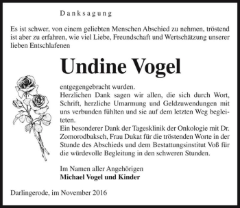 Traueranzeige von Undine Vogel  von Magdeburger Volksstimme