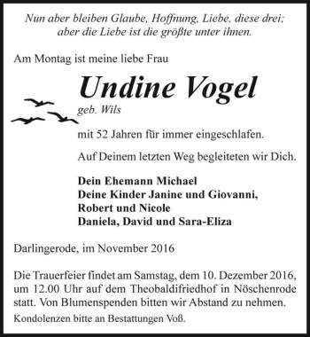 Traueranzeige von Undine Vogel (geb. Wils)  von Magdeburger Volksstimme