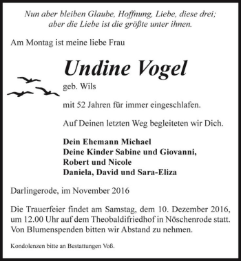 Traueranzeige von Undine Vogel (geb. Wils)  von Magdeburger Volksstimme