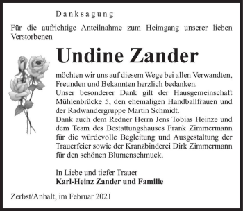 Traueranzeige von Undine Zander  von Magdeburger Volksstimme