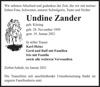 Traueranzeige von Undine Zander (geb. Kitzing)  von Magdeburger Volksstimme