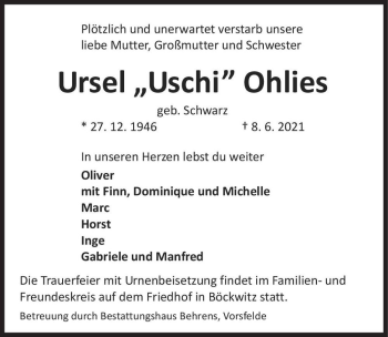 Traueranzeige von Ursel 