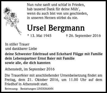 Traueranzeige von Ursel Bergmann  von Magdeburger Volksstimme