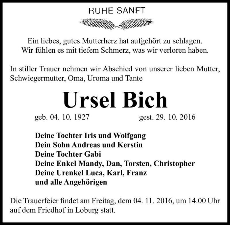  Traueranzeige für Ursel Bich  vom 02.11.2016 aus Magdeburger Volksstimme