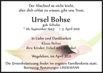 Traueranzeige von Ursel Bohse (geb. Schulze)  von Magdeburger Volksstimme