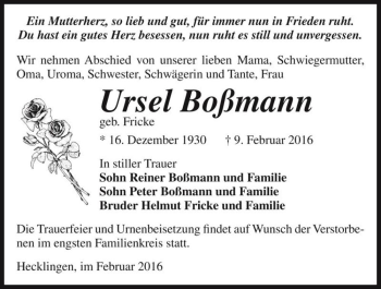 Traueranzeige von Ursel Boßmann (geb. Fricke)  von Magdeburger Volksstimme
