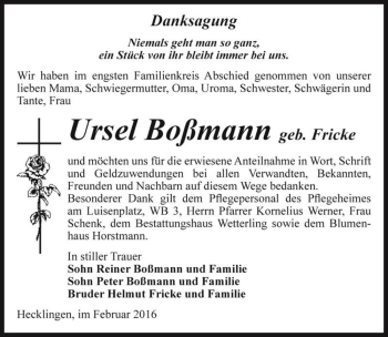 Traueranzeige von Ursel Boßmann (geb. Fricke)  von Magdeburger Volksstimme