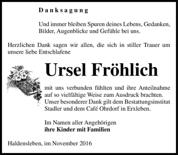 Traueranzeige von Ursel Fröhlich  von Magdeburger Volksstimme