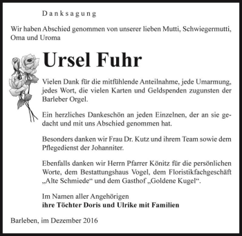 Traueranzeige von Ursel Fuhr  von Magdeburger Volksstimme