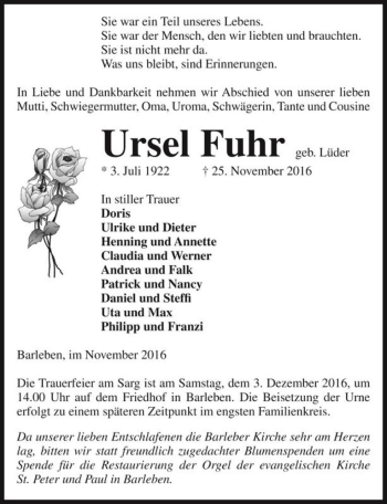 Traueranzeige von Ursel Fuhr (geb. Lüder)  von Magdeburger Volksstimme