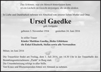 Traueranzeige von Ursel Gaedke (geb. Gröppler)  von Magdeburger Volksstimme
