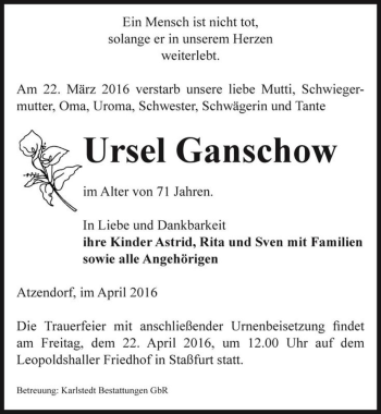 Traueranzeige von Ursel Ganschow  von Magdeburger Volksstimme