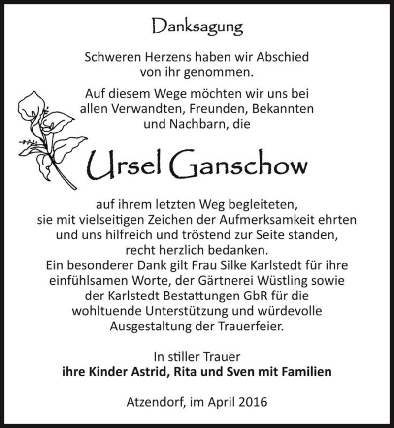  Traueranzeige für Ursel Ganschow  vom 30.04.2016 aus Magdeburger Volksstimme