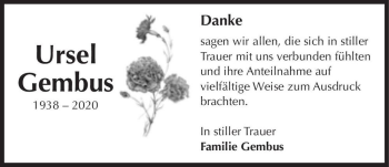 Traueranzeige von Ursel Gembus  von Magdeburger Volksstimme