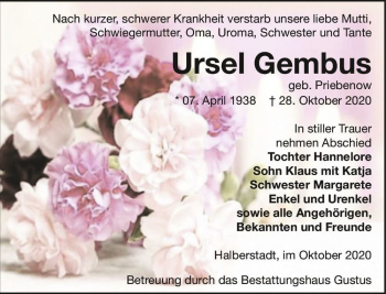 Traueranzeige von Ursel Gembus (geb. Priebenow)  von Magdeburger Volksstimme