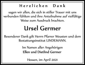 Traueranzeige von Ursel Germer  von Magdeburger Volksstimme