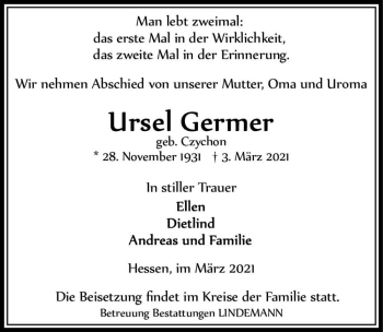 Traueranzeige von Ursel Germer (geb. Czychon)  von Magdeburger Volksstimme