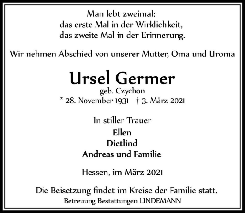  Traueranzeige für Ursel Germer (geb. Czychon)  vom 13.03.2021 aus Magdeburger Volksstimme
