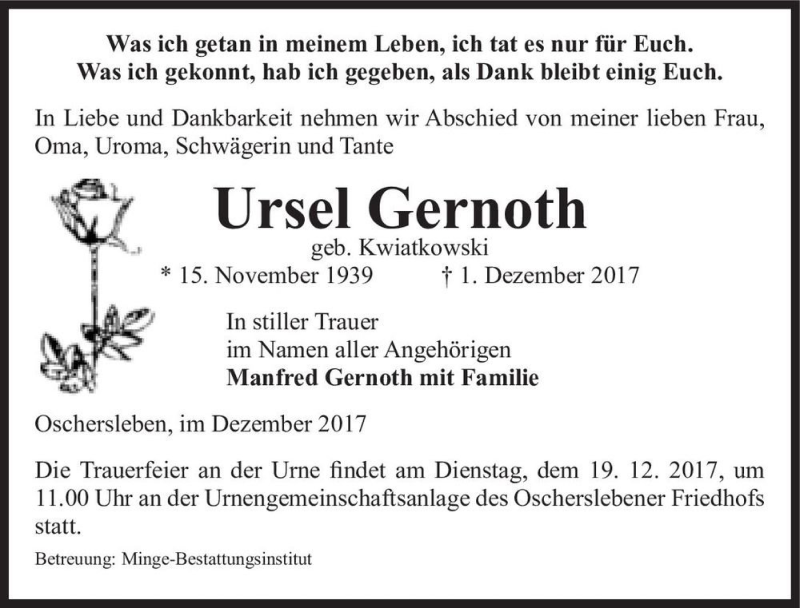  Traueranzeige für Ursel Gernoth (geb. Kwiatkowski)  vom 09.12.2017 aus Magdeburger Volksstimme