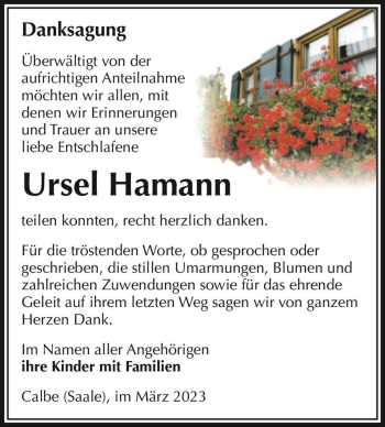 Traueranzeige von Ursel Hamann  von Magdeburger Volksstimme