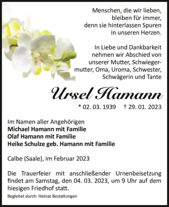 Traueranzeige von Ursel Hamann  von Magdeburger Volksstimme